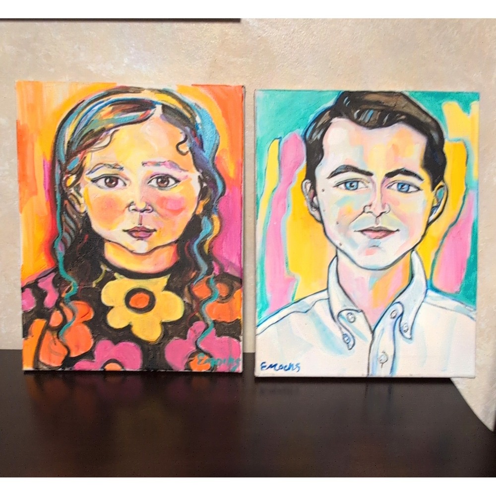 Vintage Style Pop Art Portrait Paintings Set of 2 Acrylic Canvas Colorful Bold